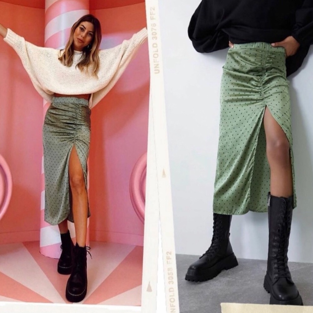 Zara Green Ruched Polka Dots Satin Midi Skirt L